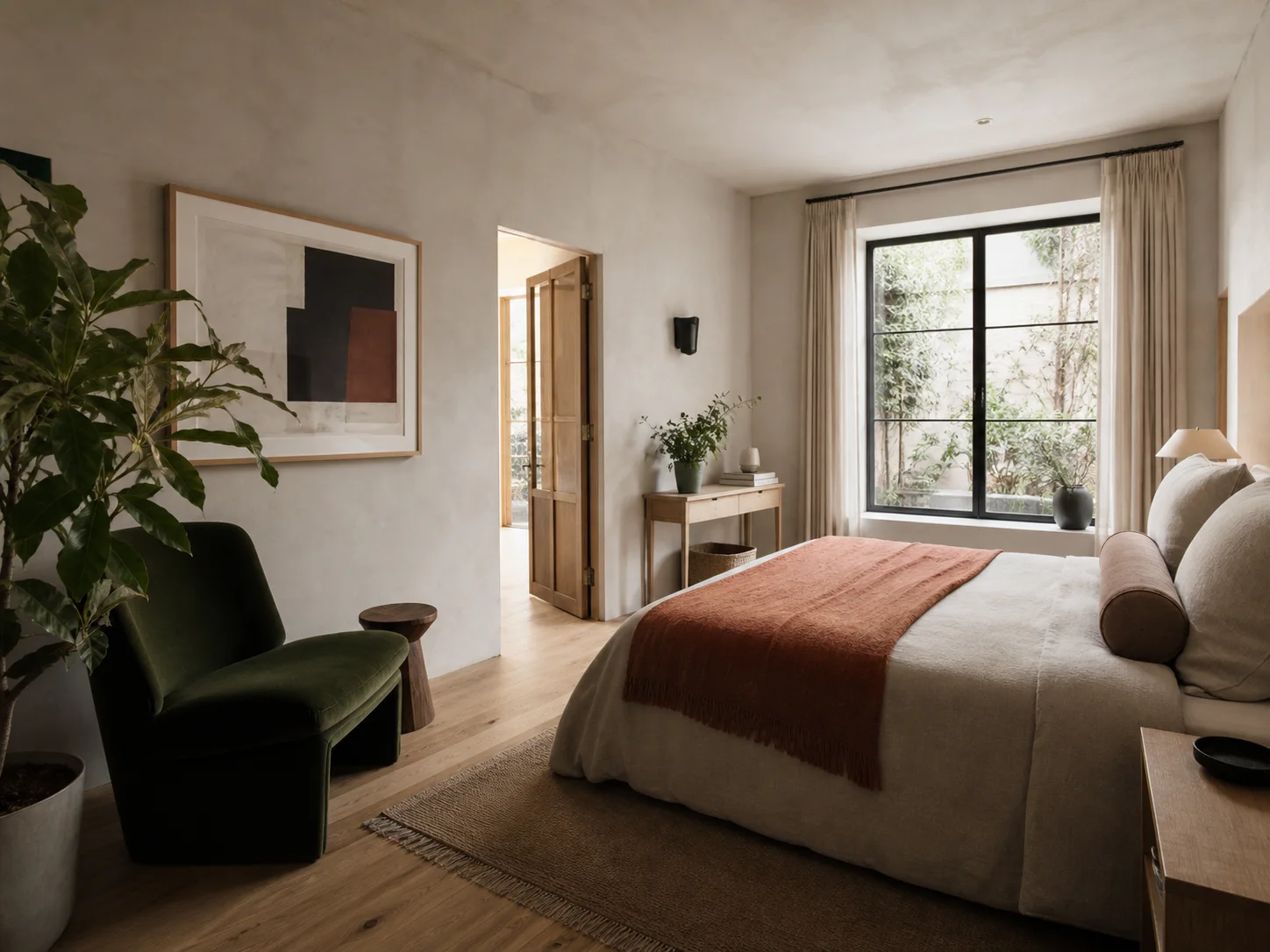 The approved bedroom scene rendered in a warm earth interior style